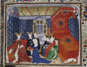 Christine de Pisan presenting her expensively bound and decorated book to Isabeau of Bavaria (BL Harley 4431).